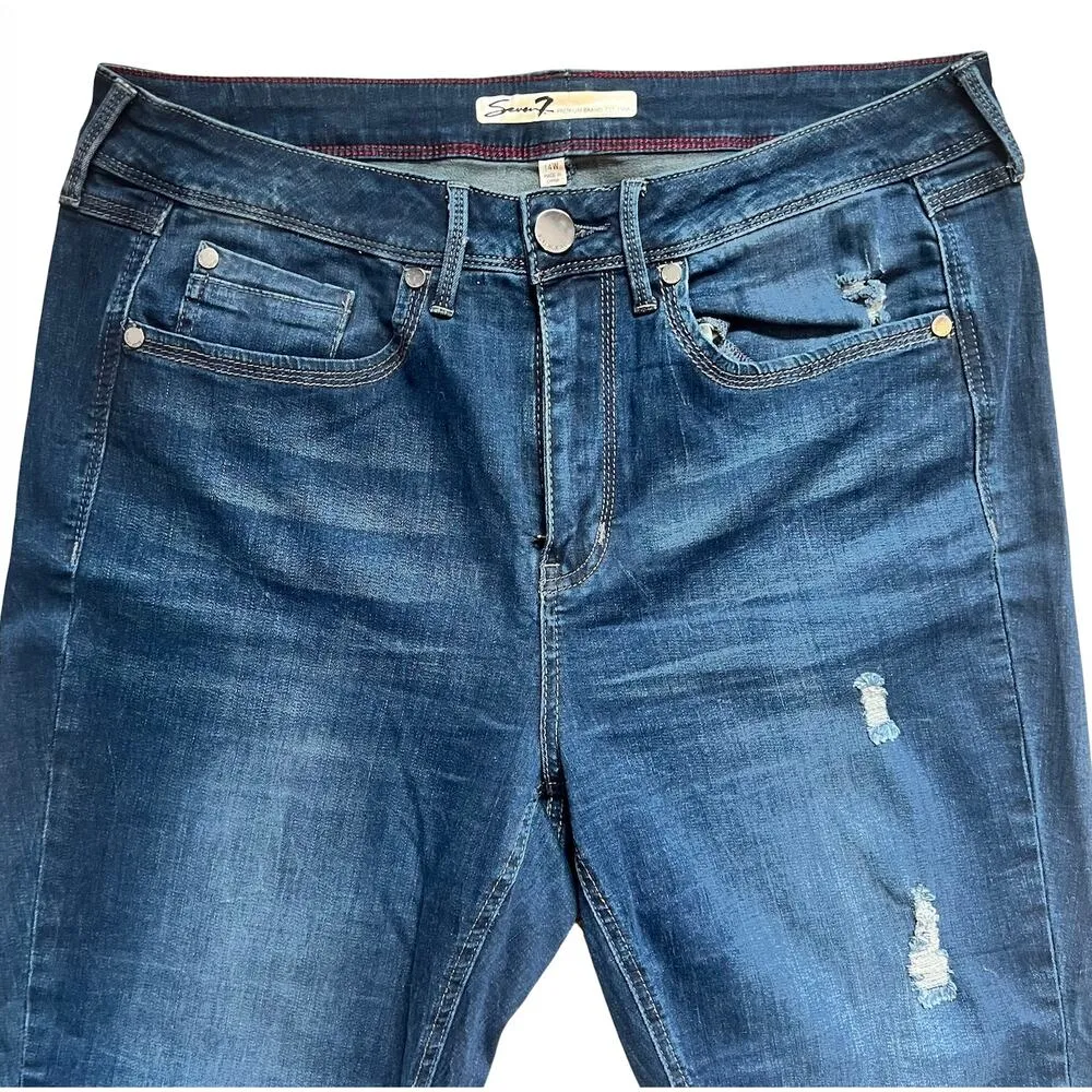 Seven7 High Rise Skinny Dark Wash Distressed Jeans Slit Ankle Raw Hem size 14W - Image 8