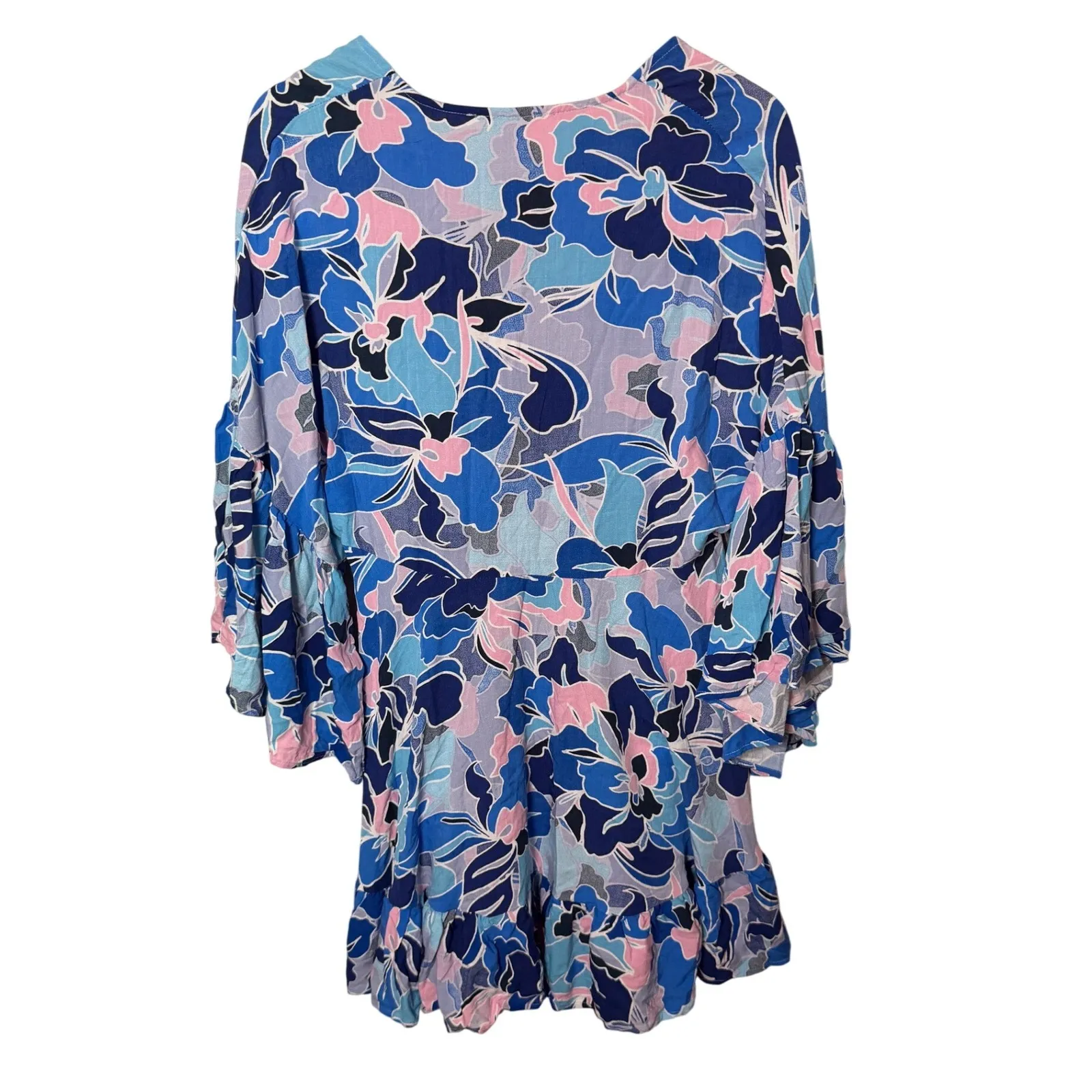 LABEL OF LOVE Blue Pink Floral Bell Sleeve Coverup Mini‎ Dress Size S Retro Boho - Image 7