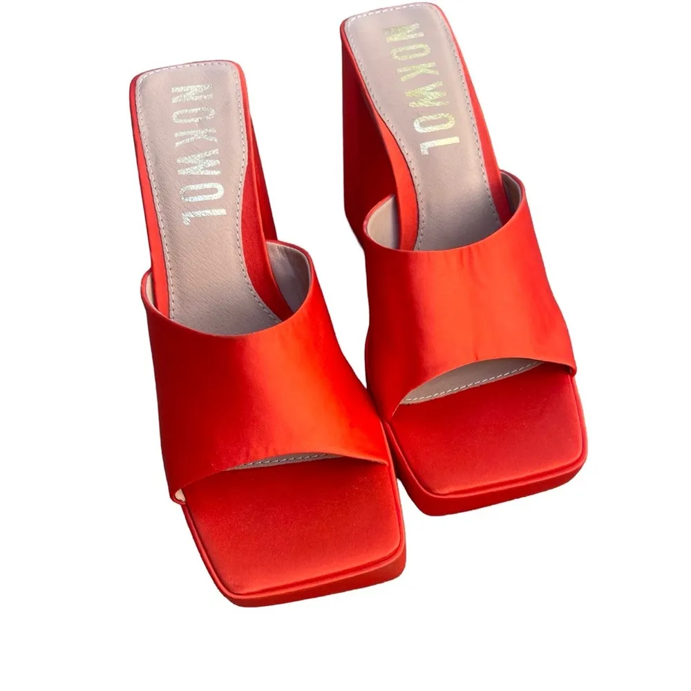 Nokwol Macie Platform Square Toe Heeled Mules Sandals in Red Orange Satin 11 - Image 5