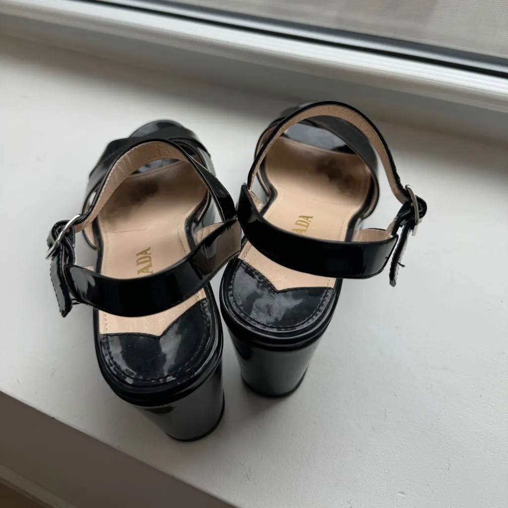 Black Prada Patent Leather Wedge Sandals - Image 6