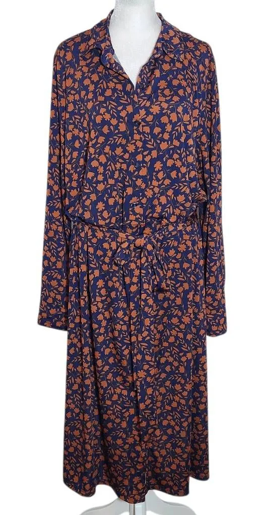 Eloquii Navy and Brown Floral Print Shirt Dress Size 20 Navy Tie-Waist Dress - Image 1