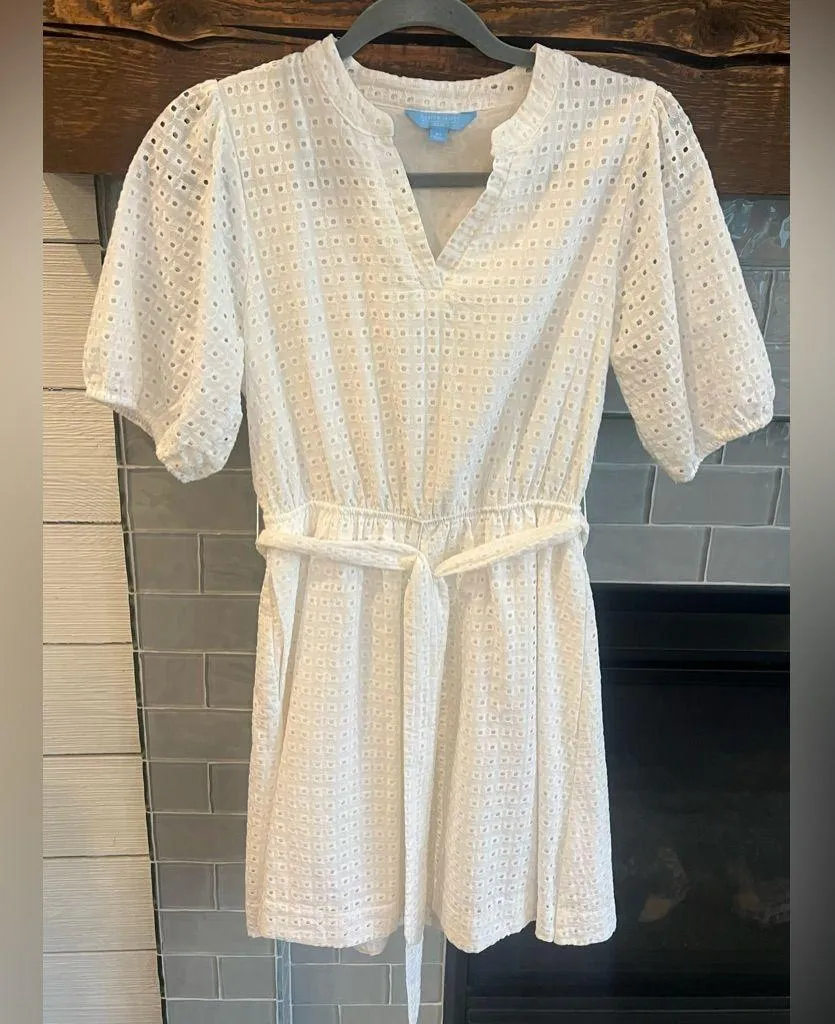 Draper James RSVP Eyelet XS White Textured Puff Sleeve Dress Tie Waist NWOT - Image 4