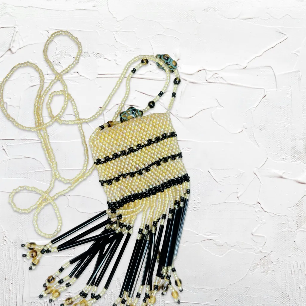 7274. Beaded Fringe Necklace with Black and Gold Accents - Image 3