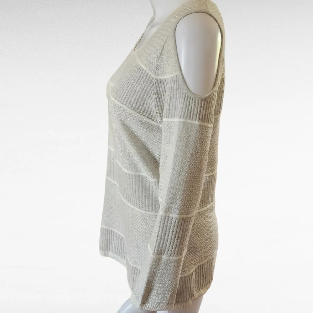 OST Pale Gray White Stipe Pointelle Cold Shoulder Sweater Size Medium - Image 2
