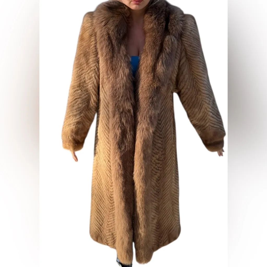 RARE Authentic SAGA Mink Fur Long Coat Camel Brown Herringbone SAGA Fox Trim M Size M - Image 6