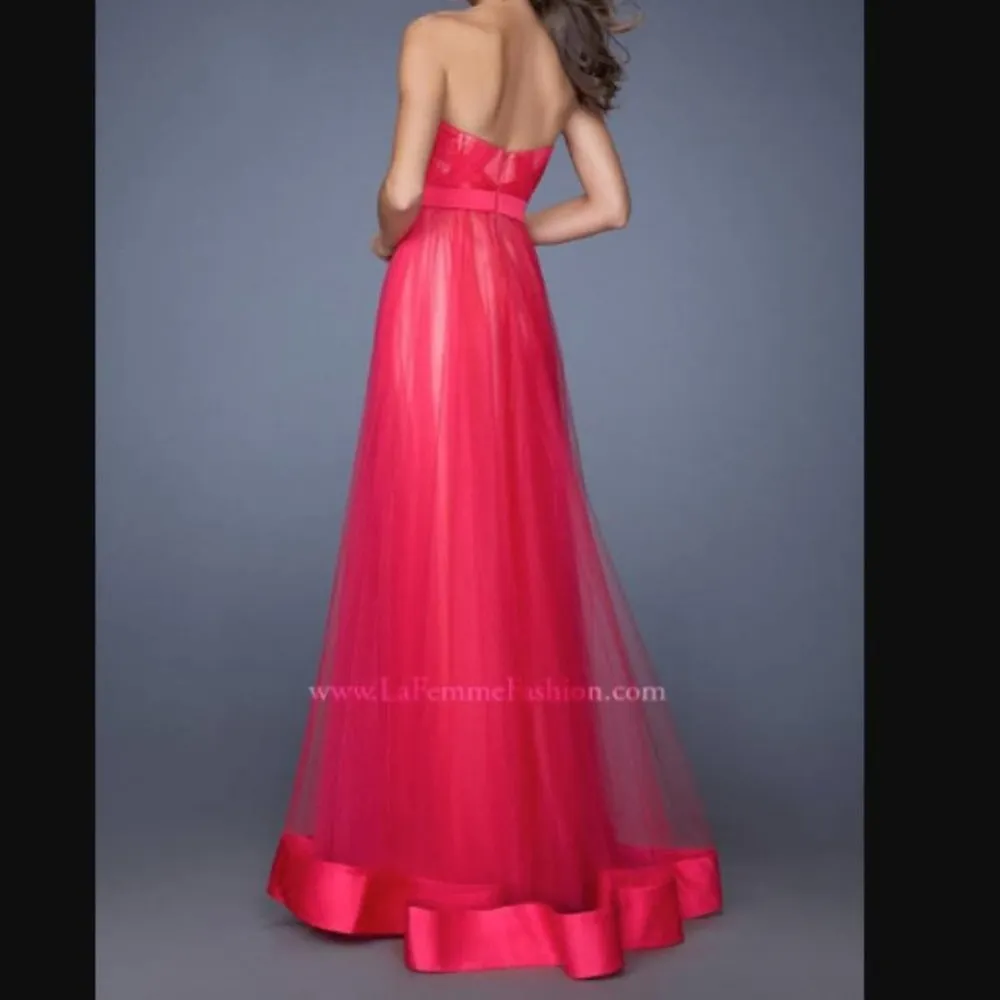 NWT La Femme Hot Fuchsia Pink Tulle Strapless Evening Prom Formal Gown, Size 8 - Image 5