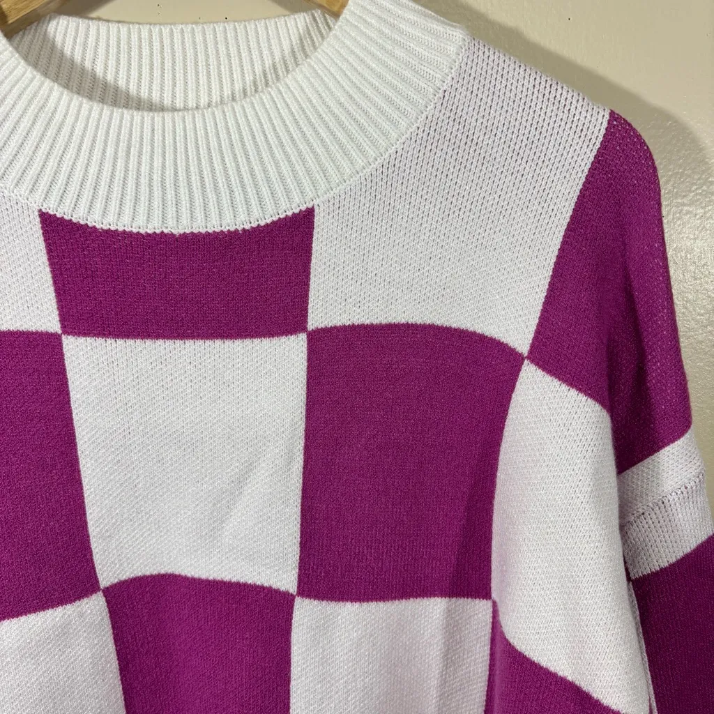 Zesica Bishop Sleeve Checkered Pink and White Women's Sweater Size XL - Image 2
