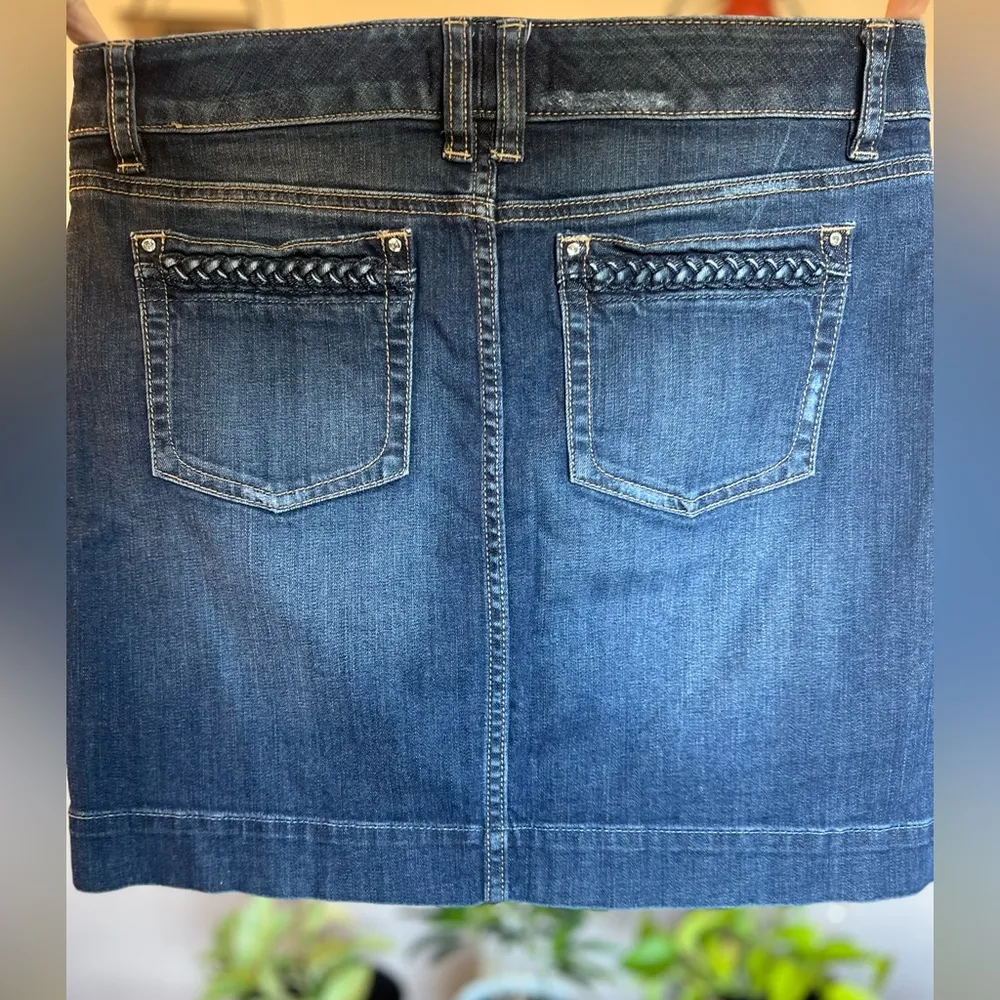 White House Black Market Jean Skirt with Embellished and Braided Pockets - Image 2