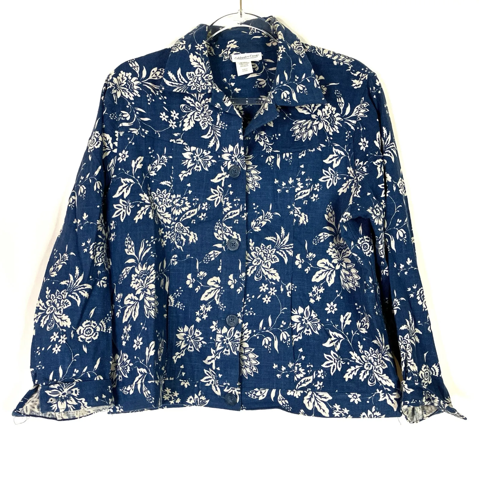 Coldwater Creek | Linen Blend Jacket Blue Floral Print Spring Womens Large - Image 1