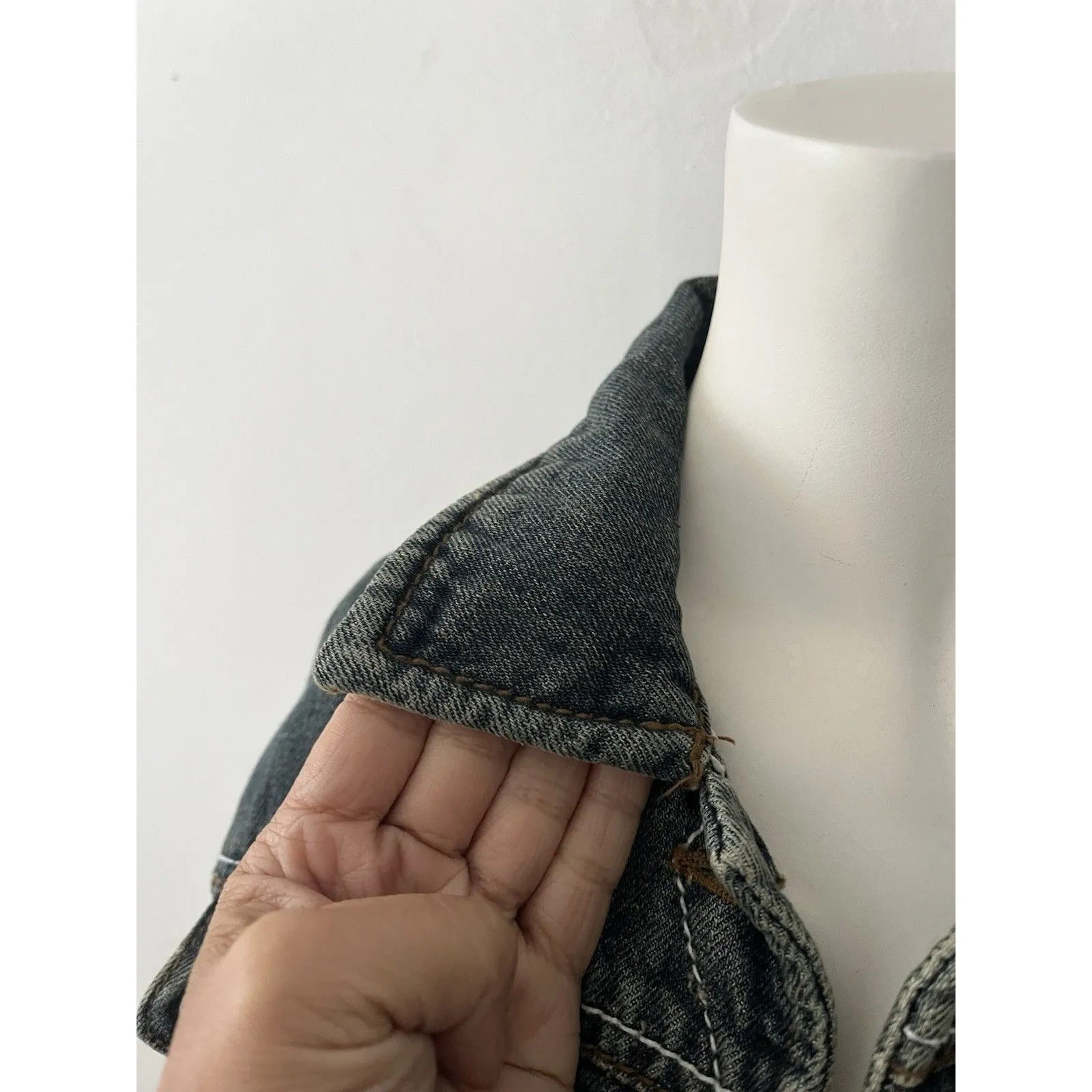 Y2k Double Edition Grunge Distressed Cropped Denim Jacket Size L Dark Blue Wash Size L - Image 10