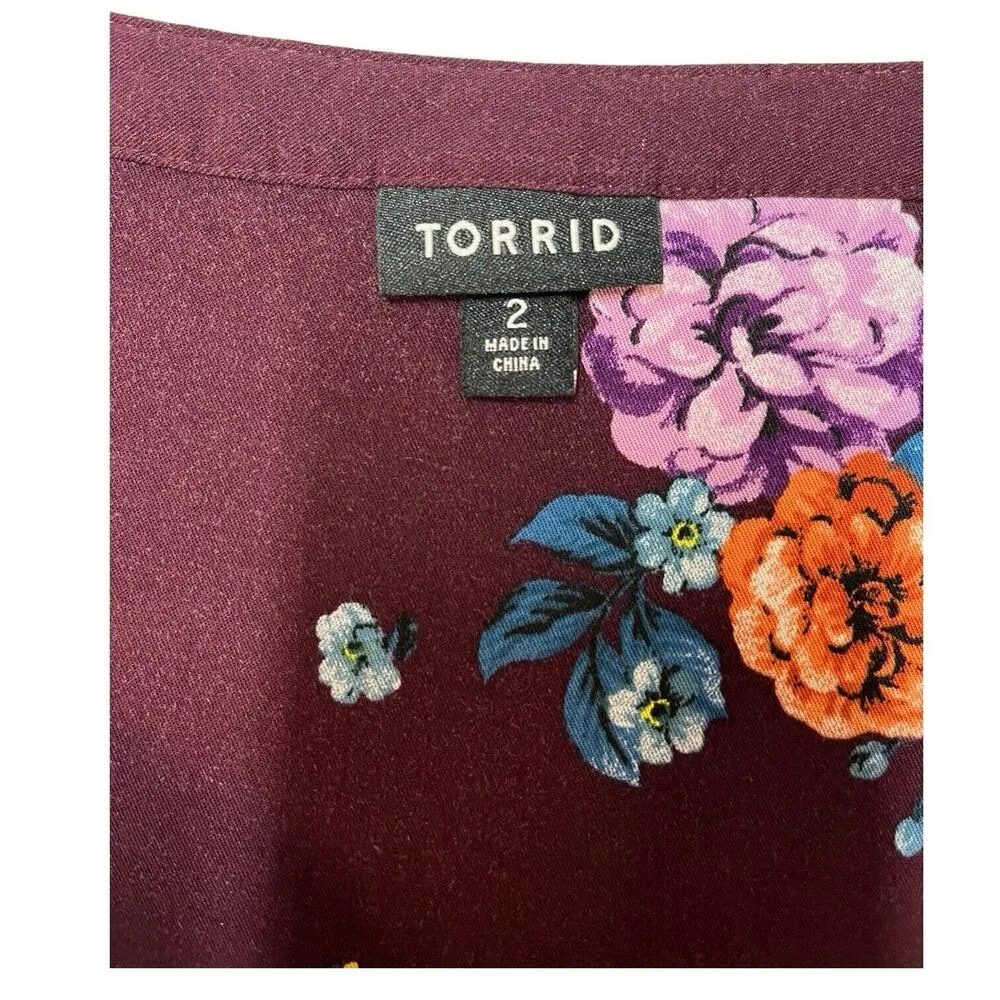 Torrid Shirt Dress Womens 2 Floral Mini Challis Zip Front V Neck Pocket Burgundy - Image 10