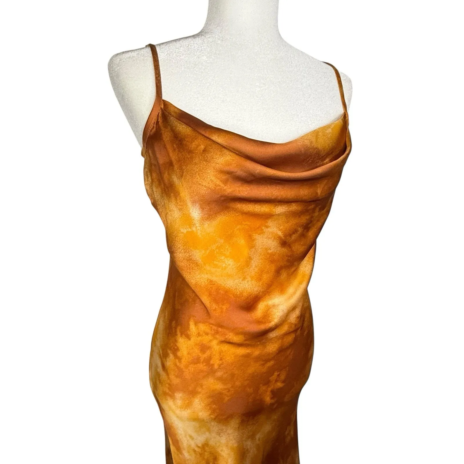 Vintage Bebe Y2K Slip Dress‎ XS Orange Sunset Cowl Neck Satin Midi Made in USA - Image 5