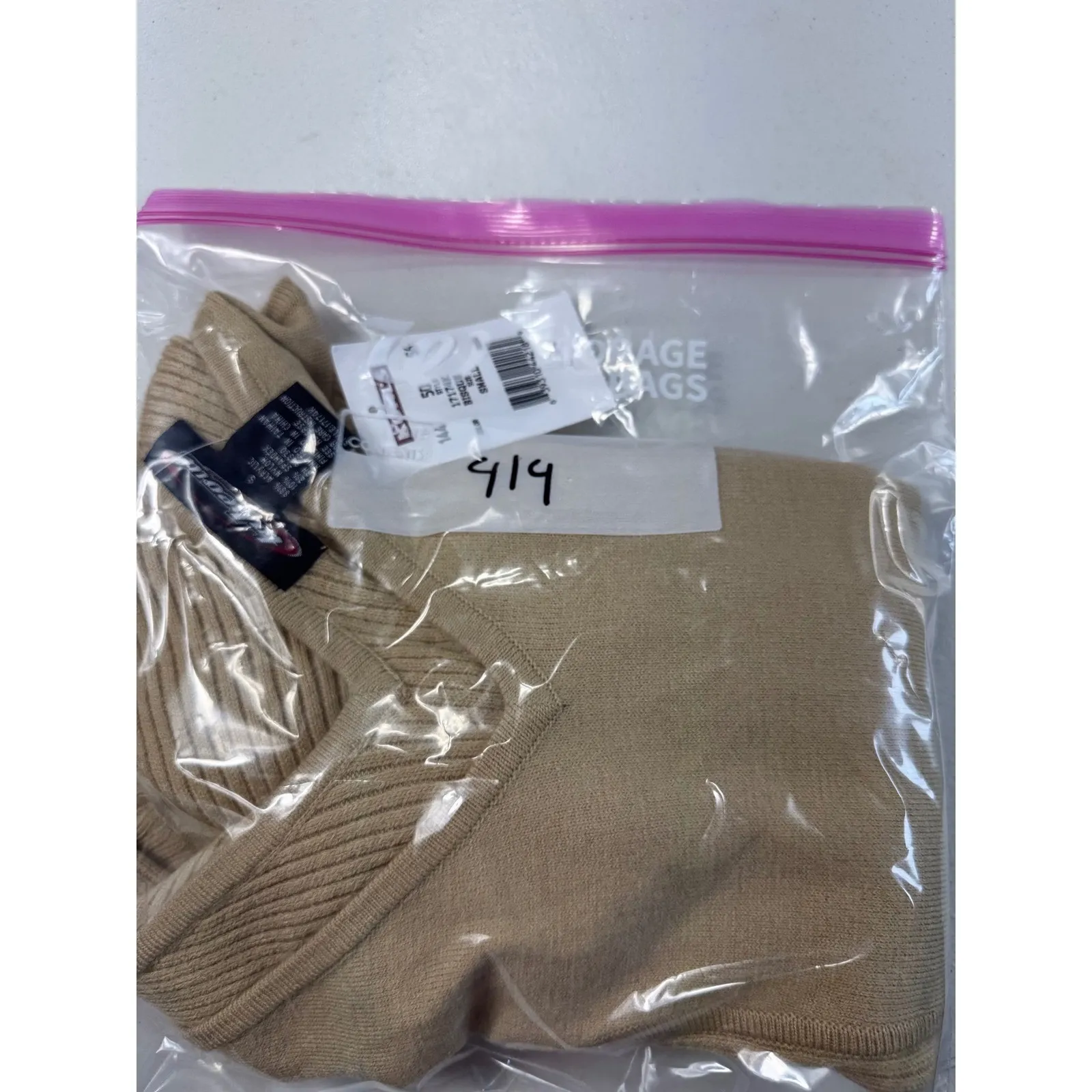 Takeout Bisque V Neck Ribbed Knit Sweater Fitted Long Sleeve Neutral Top Small Tan - Image 10