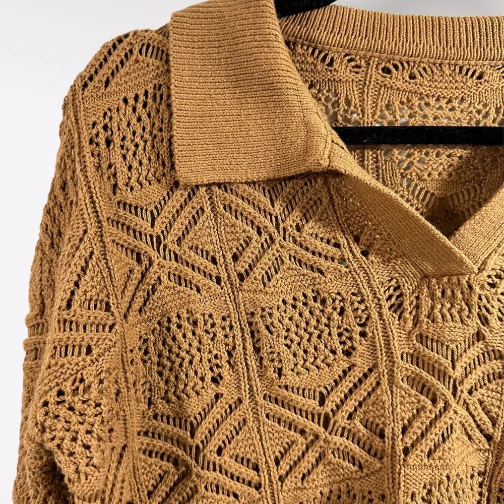 One Sz Hollow Out Flared Sleeve Crop Knit Top Caramel Boho Cottagecore - Image 6