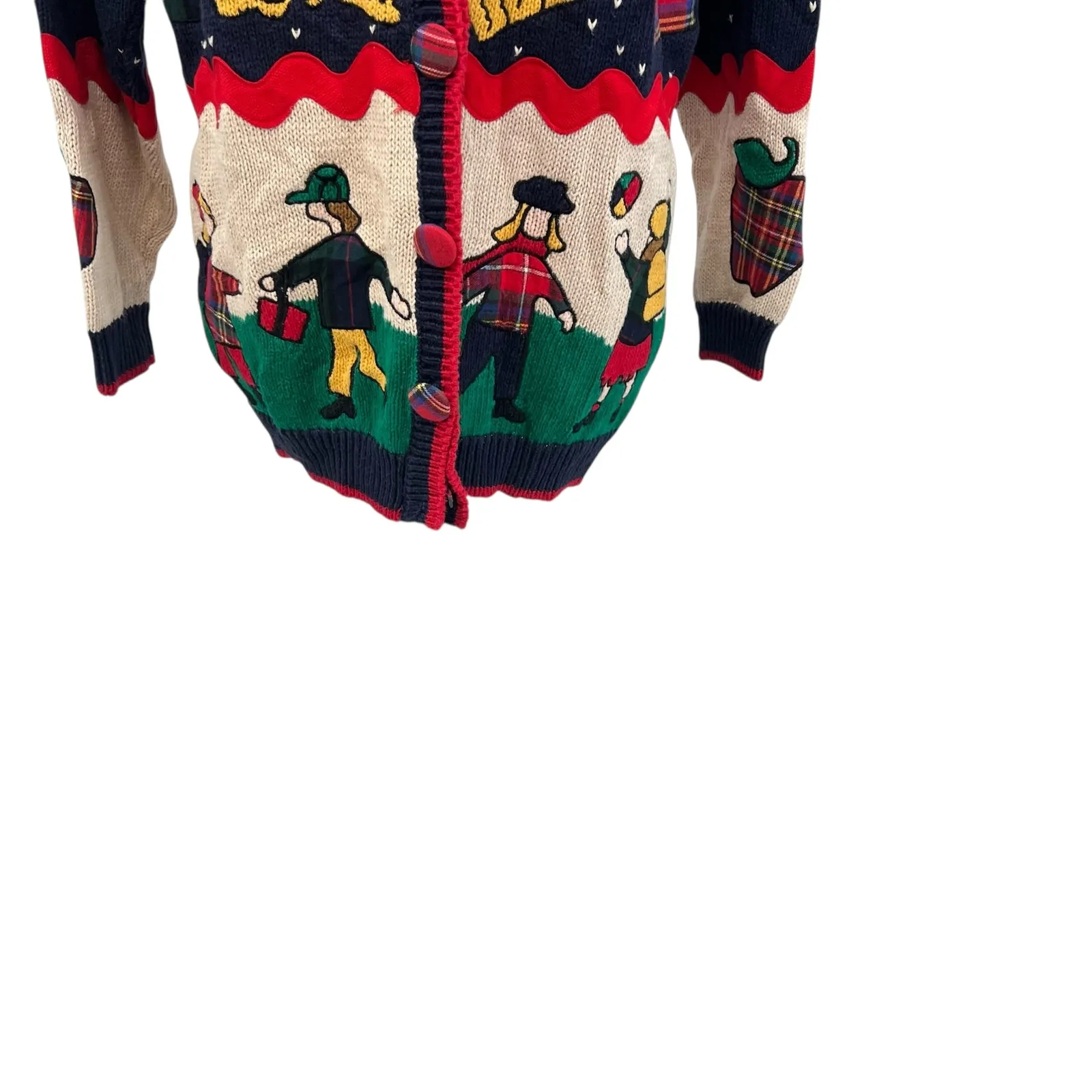 Vintage 90s BellePointe Folk Art Cardigan Sweater Novelty Print Blue Red Medium - Image 4