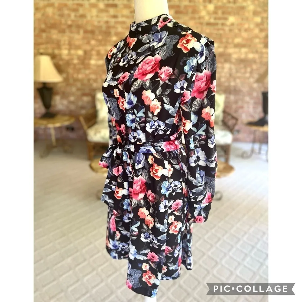 Rebecca Minkoff Trudy Dress Black Floral High Neck Mini XS Long Sleeve Party - Image 8