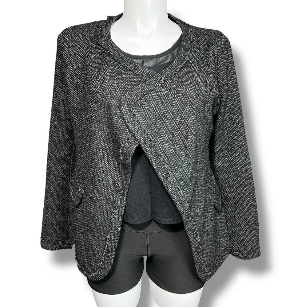 Depri Womens Tweed Blazer Jacket Open Front Long Sleeve Tailored Gray Black Larg - Image 3