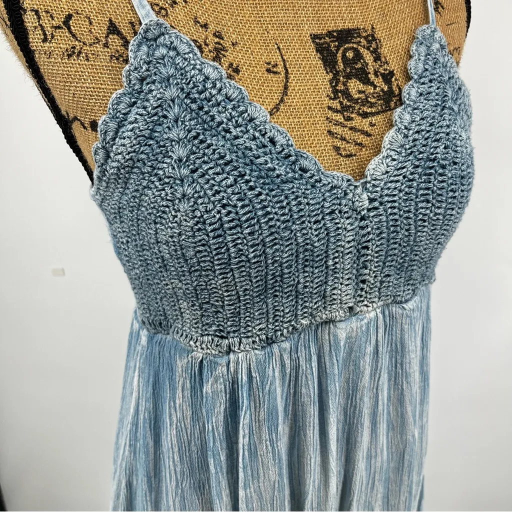 Beach by Exist Light Blue Sundress Crochet Boho Mini Coastal Breezy‎ Vacation M - Image 7