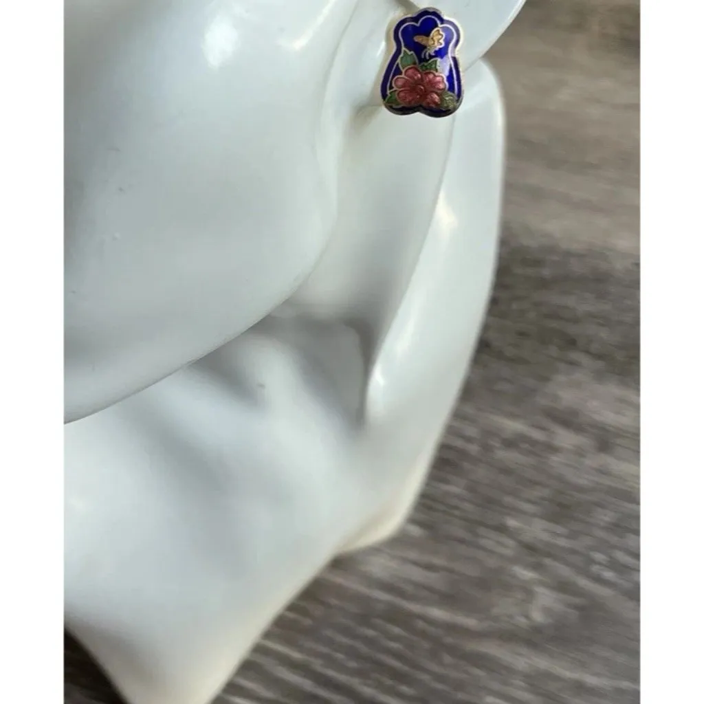 Vintage Cloisonne Earrings 70s Enamel Butterfly Floral Pin Post Backs Blue - Image 3
