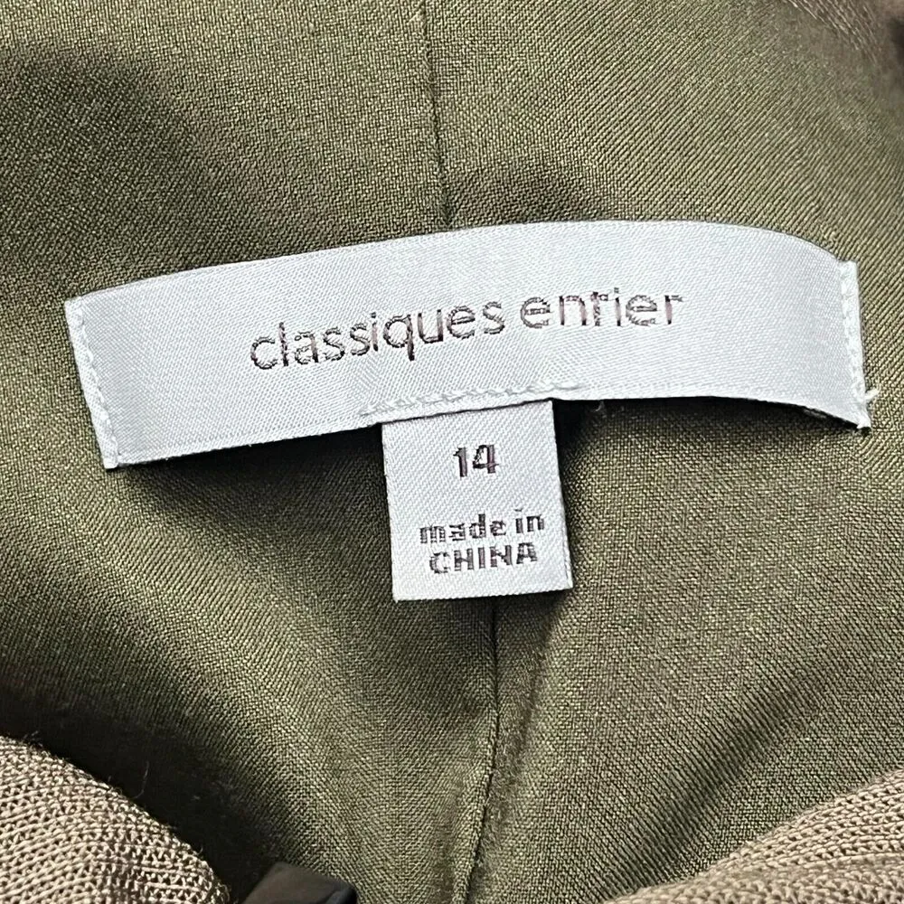 Classiques Entier Size 14 Sheath Dress Olive Green Ruffled V Neck Zip Up NO BELT - Image 6