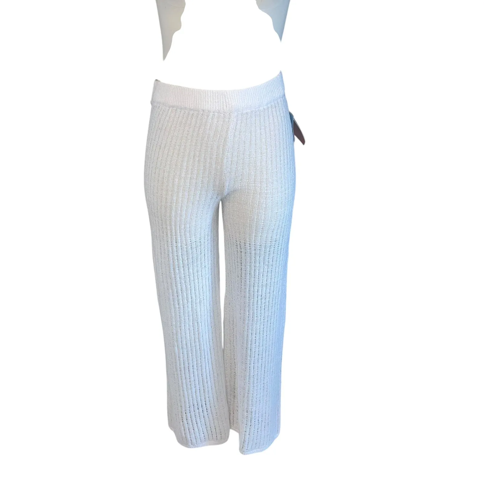 Shade & Shore White Ribbed Knit Pull-On Pants | Coastal Chic | Size M | NWT - Image 2