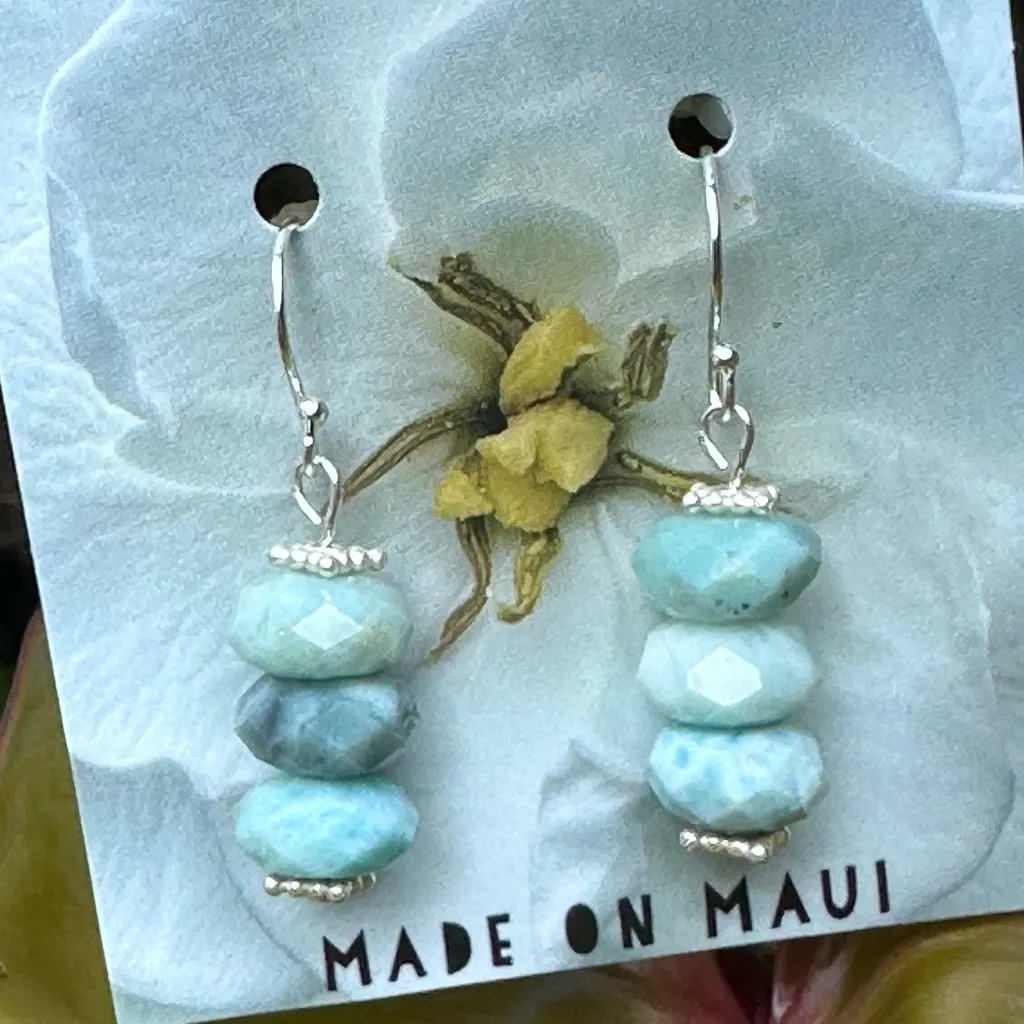 Handmade Rare Larimar Earrings AA Faceted Blue Rondelle Sterling Silver Drops - Image 4