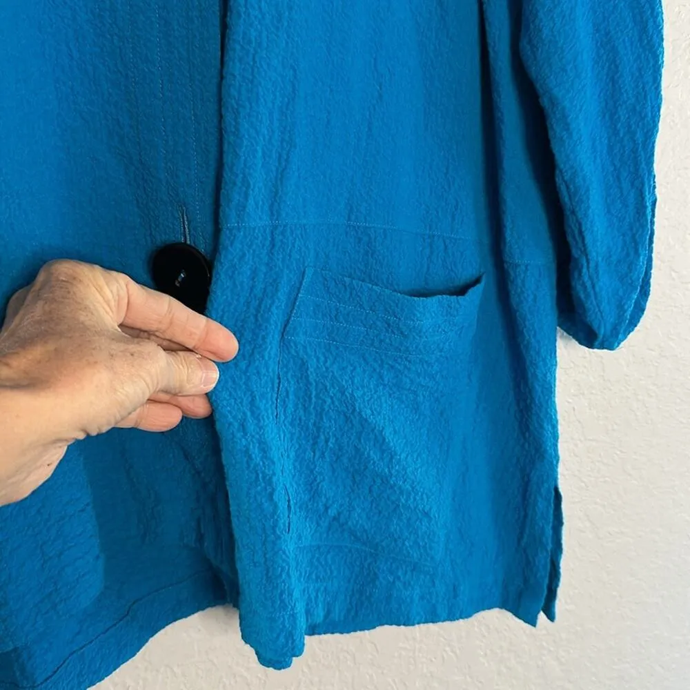 Ali Miles Dark Aqua Blue Tunic Top Roll Tab Large Buttons Pocket Artsy Lagenlook - Image 4