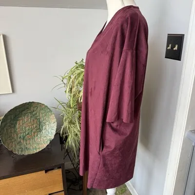 Bryn Walker Faux Suede Mini Dress Oversized Boxy 3/4 Sleeve‎ Burgundy Pockets XS - Image 4
