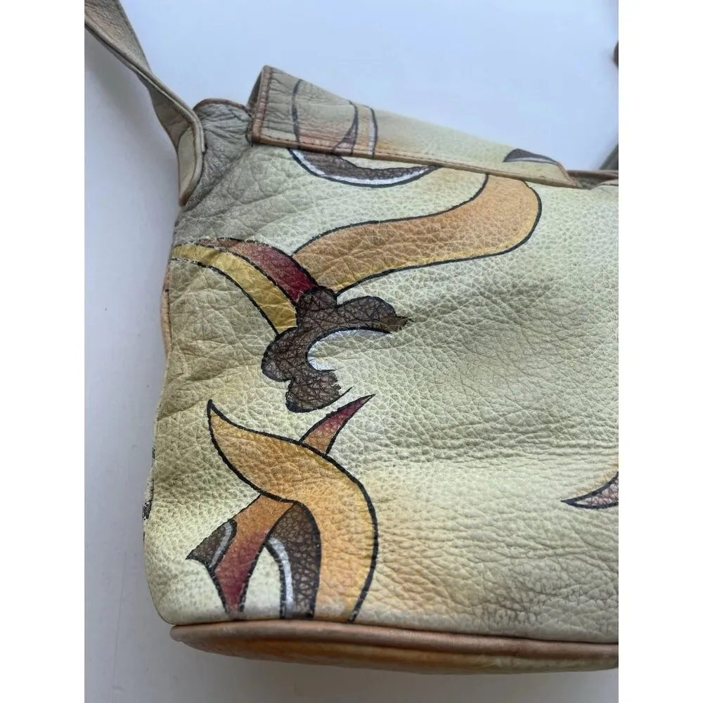 Vintage Magnifique Painted Peacock Art Leather Butterfly Floral Shoulder Bag White - Image 15