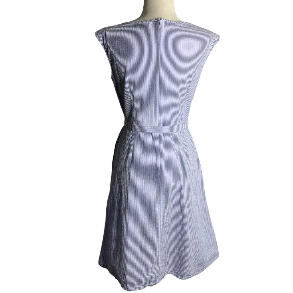 Uniqlo Sleeveless Belted Swing Dress S Blue White Striped Pockets Back Zip - Image 4