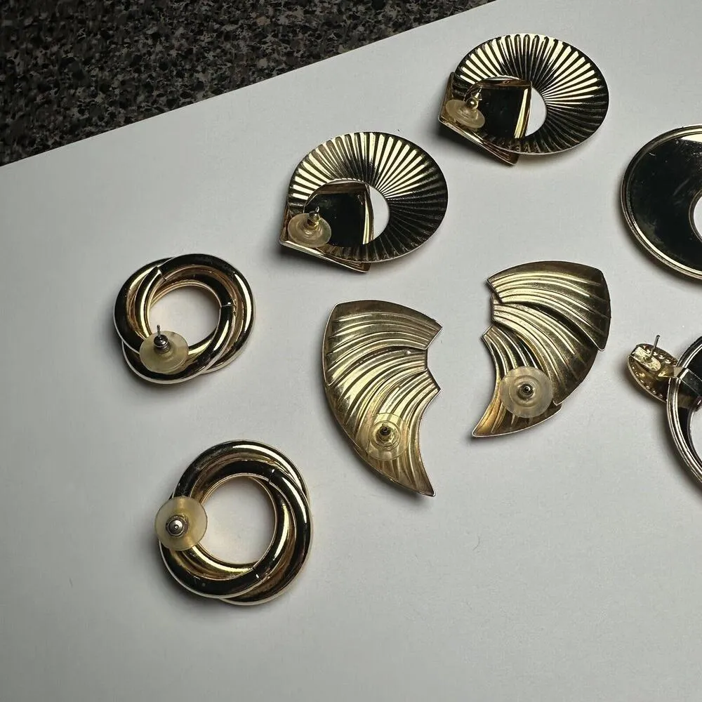 Retro Large Statement Gold Tone Pierced Earrings Women’s Lot Of 4 - Image 10
