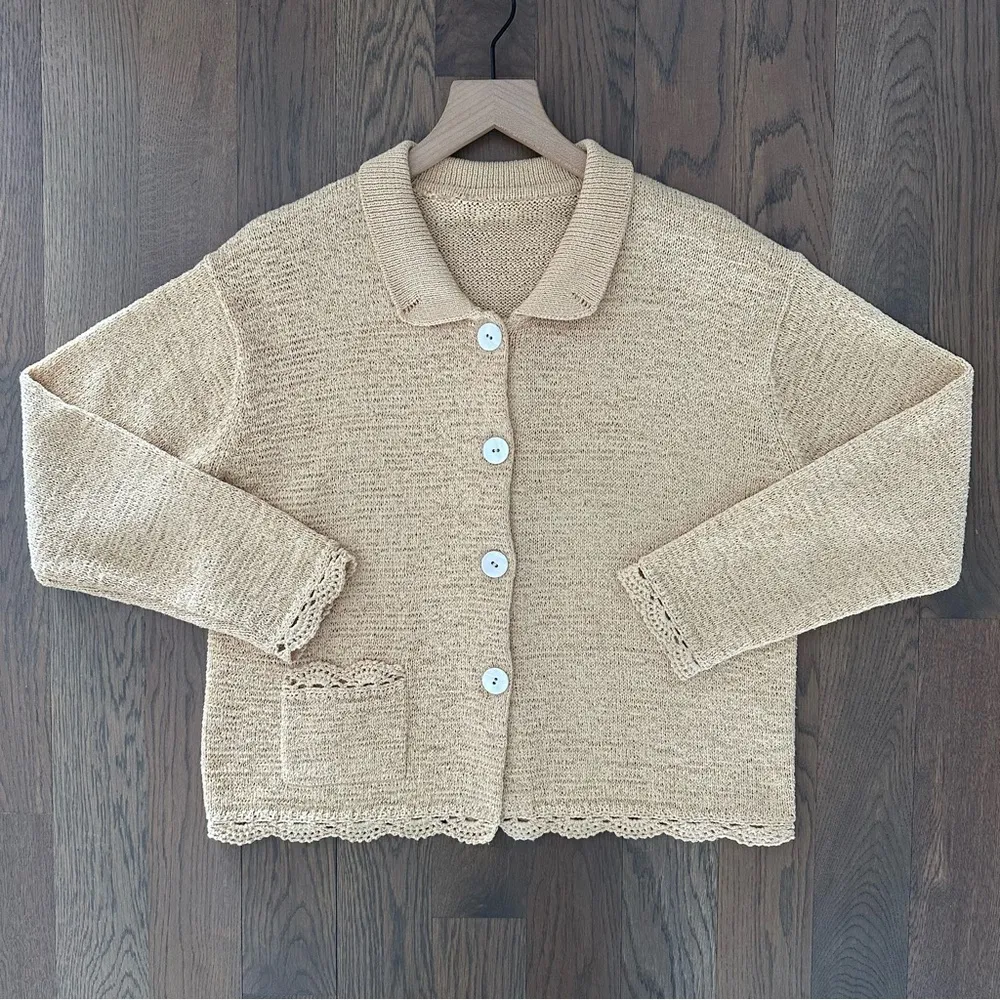 St. John Knit Button Front Cardigan Sweater with Crochet Trim in Yellow Medium - Image 4