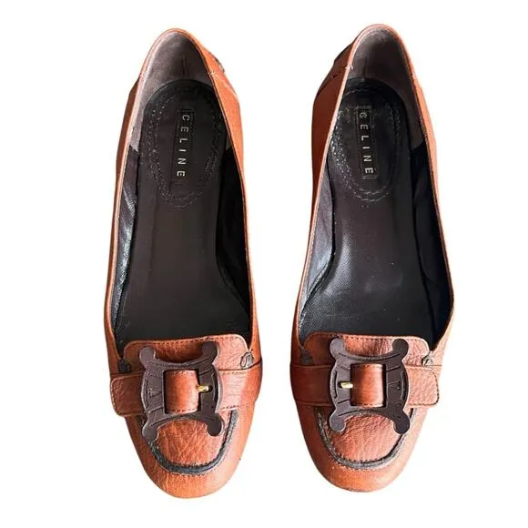 Celine Women’s Vintage Wooden Triomphe Cognac Brown Orange Leather Ballet Flat - Image 2