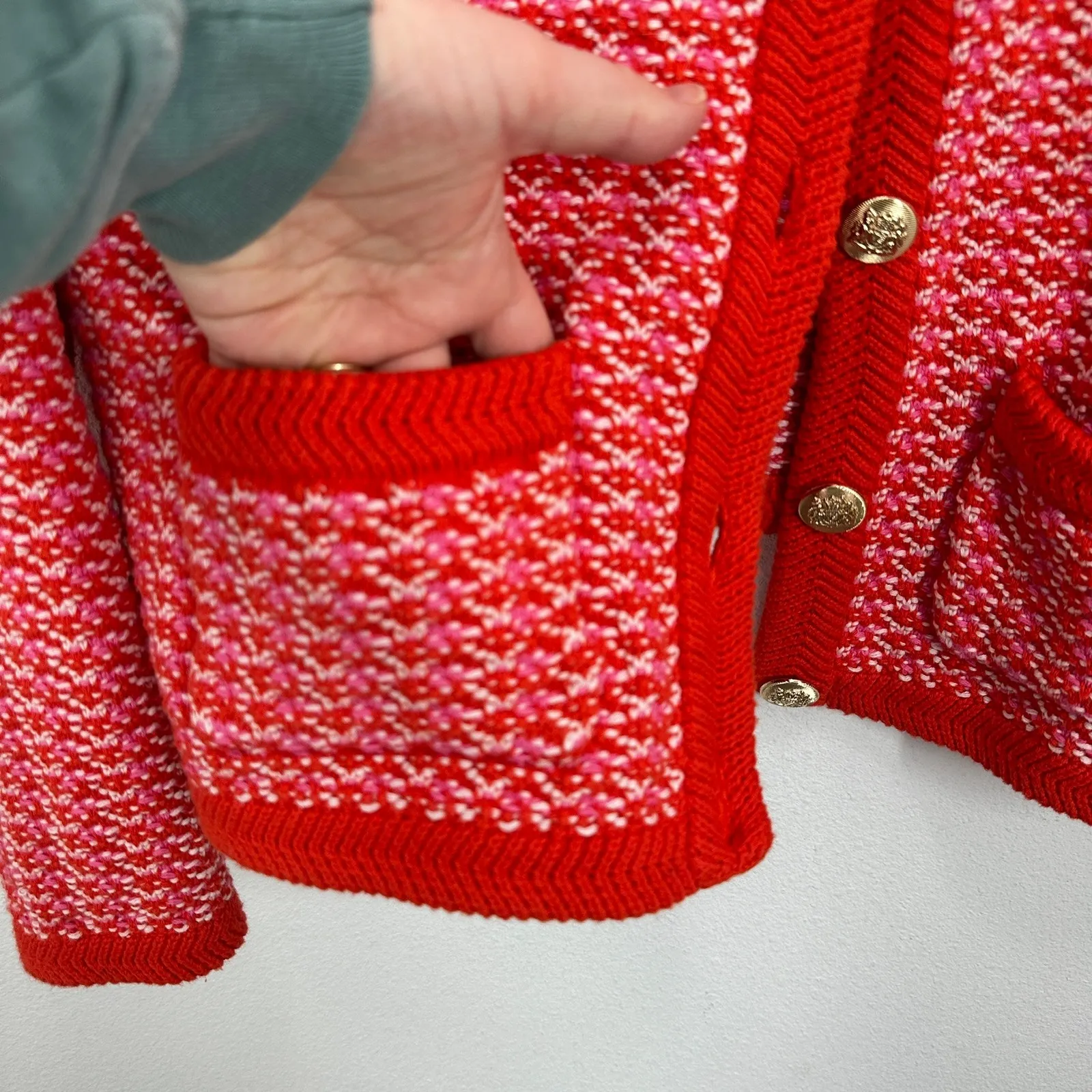 On 34th Women's Patterned Jacquard Cardigan XL 100% Cotton Preppy Knit Sweater Red Size M - Image 5