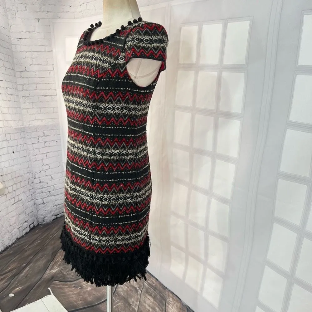 Vanessa Virginia Jinete Knit Ikat Zigzag Print Pompom Fringe Red Black Dress 4 - Image 4