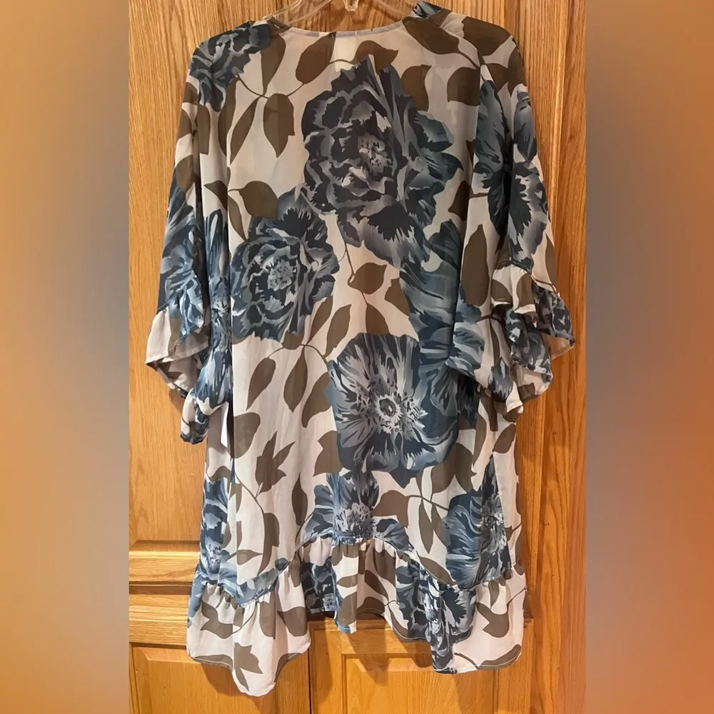 Anthropologie E by Eloise Blue & Brown Floral Ruffle Sheer Kimono Robe Size XS/S - Image 8