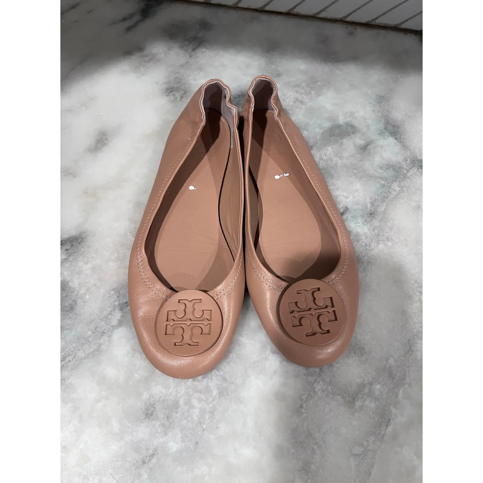 Tory Burch Minnie Travel Ballet Flats Shell Pink Leather Size 8 Logo Flats Shoes - Image 8