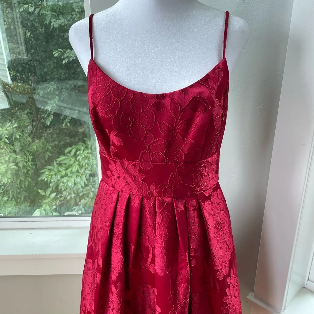 David’s Bridal Crimson Red Floral Jacquard Ballet Scoop Neck Formal Dress Size 6 - Image 3