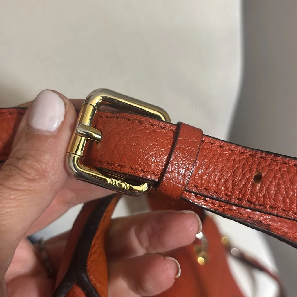 MCM Handbags Orange Leather Satchel Purse Small Tote Visetos Logo Studs Bag - Image 11