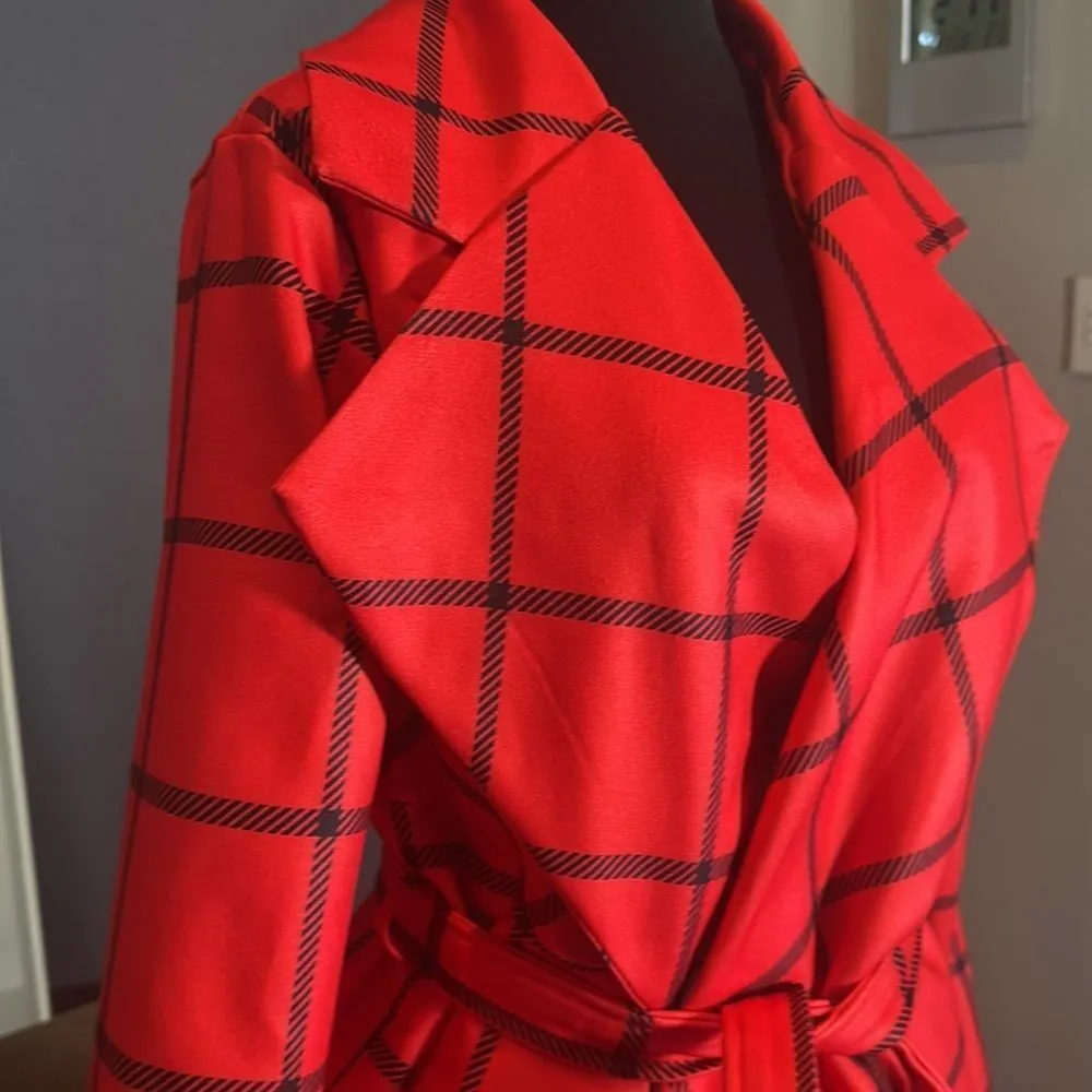 Women’s Red Turn Down Collar Wrap Trench Coat Grid Pattern Belted L (**tag XL) Size L - Image 3