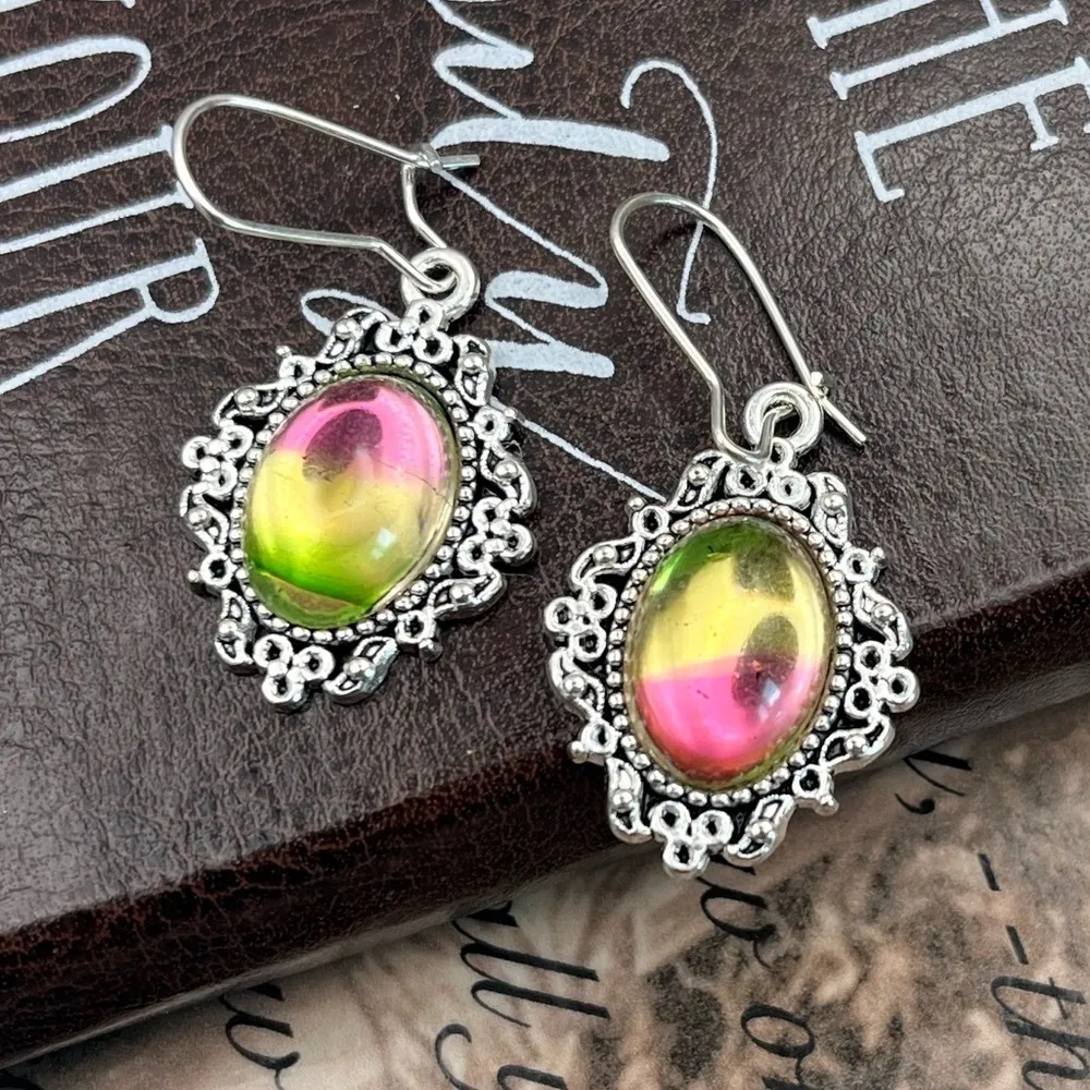 Vintage Neon Rainbow Glass Cabochon Reflective Stainless Steel Dangle Earrings - Image 8