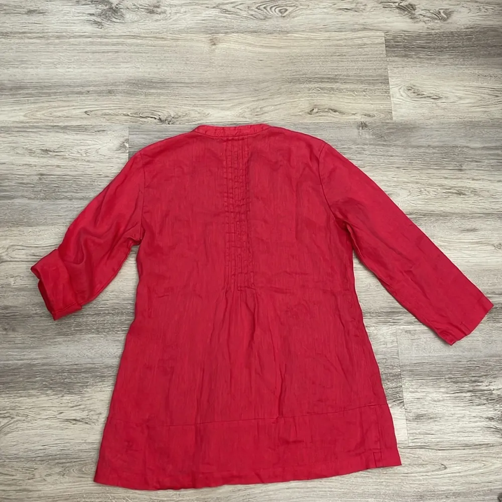 Pink 100% Linen Cuff Up Sleeves V-Neck Blouse Size Small - Image 6