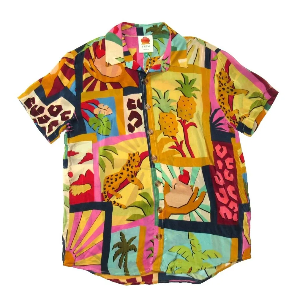 NWT Farm Rio Pajama Shirt in Tropical Collage Silky Viscose Blouse XS $140 - Image 2