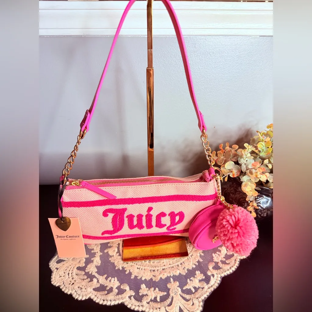 Juicy Couture Pink Chenille Logo Baguette Shoulder Bag w Coin Pouch NWT - Image 3