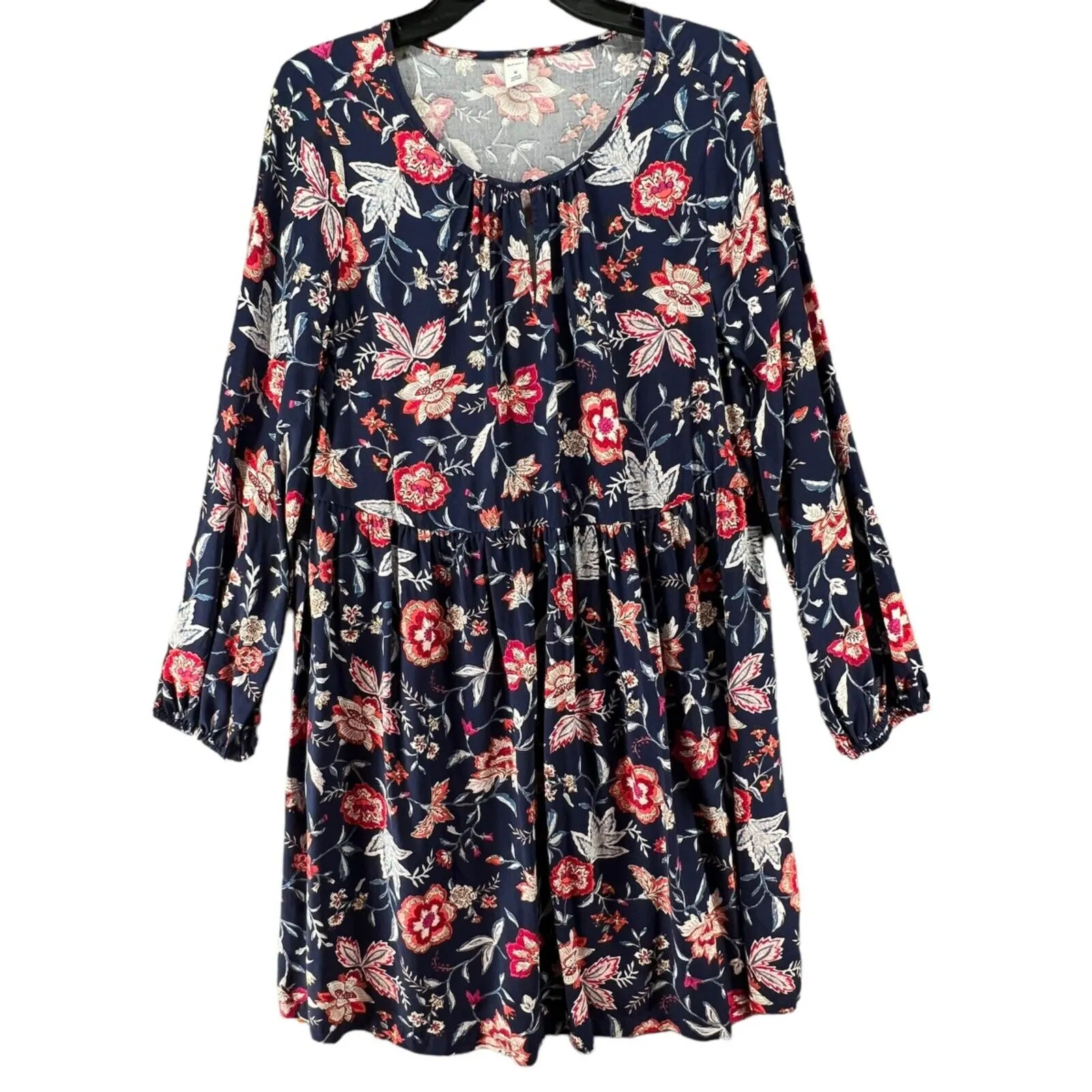 Old Navy Dress Womens Medium Blue Floral Rayon Boho Long Sleeve Mini Keyhole NEW - Image 2