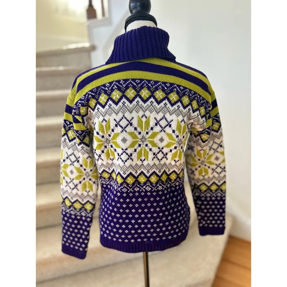 Vintage 90s Purple, Lime Green, & Metallic Silver Snowflake Fair Isle Turtleneck Purple Size M - Image 2
