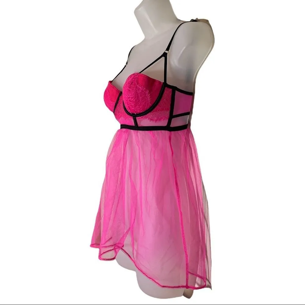 Victoria's Secret Bright Pink Sheer Lace Cami Teddy Built-in Underwire Bra 34B - Image 3