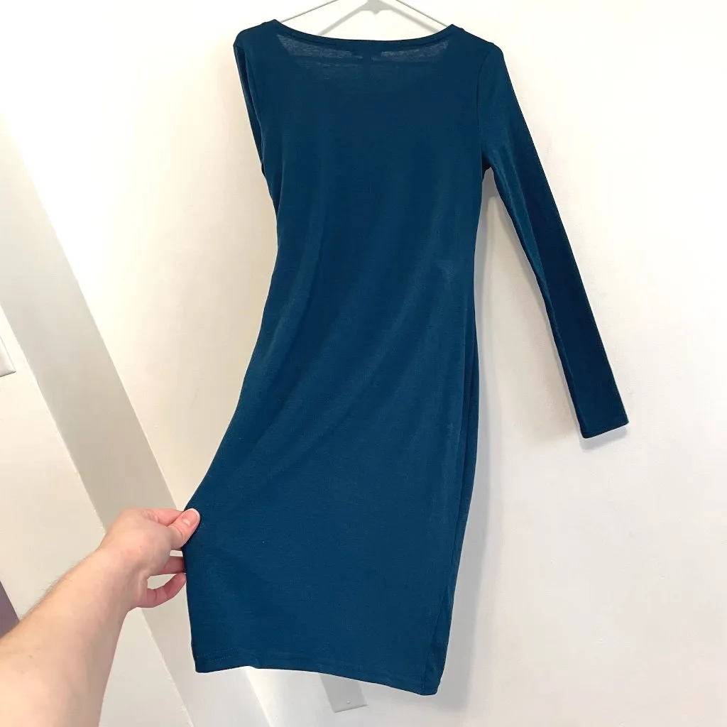 LEITH NORDSTROM Long Sleeve Ruched Dress Solid Teal Faux Wrap Mini Bodycon Dress - Image 16