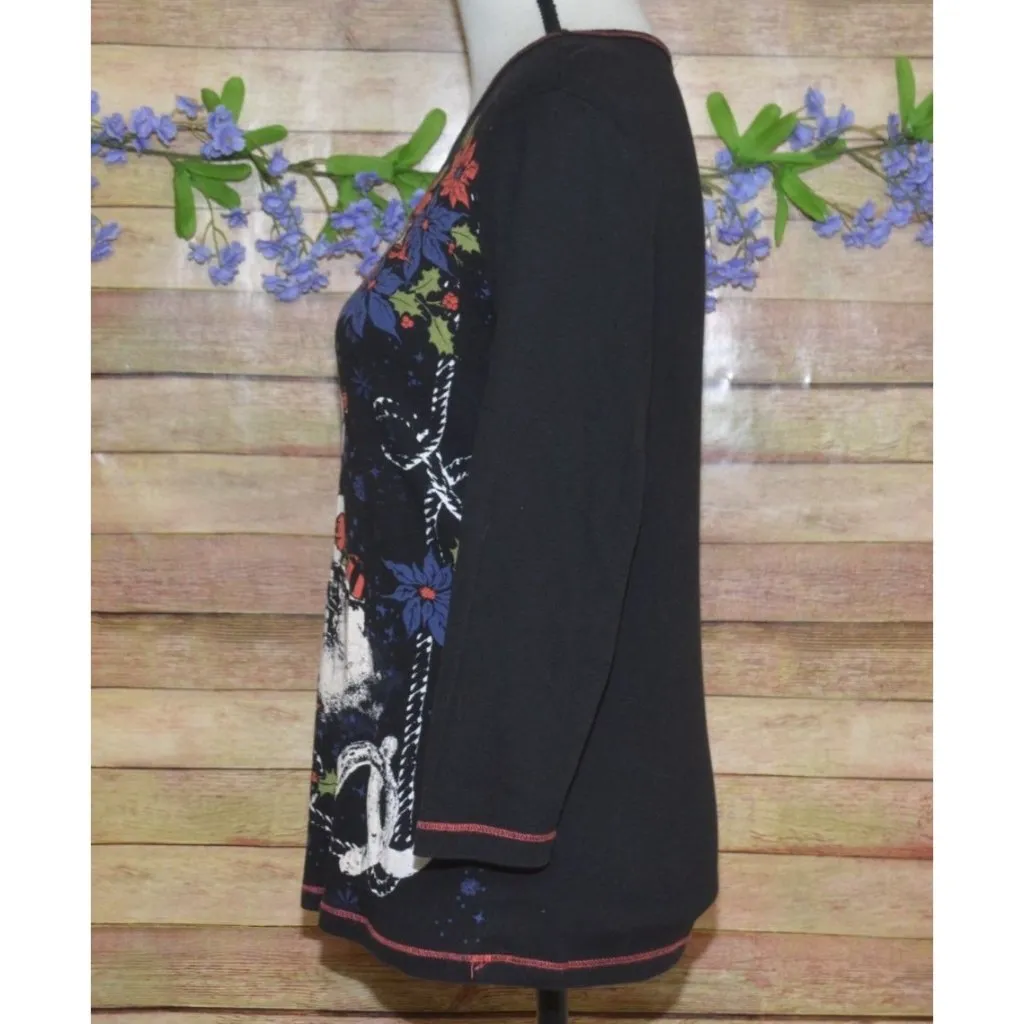 Blue Canyon Ladies Black Season's Greetings Santa Claus Thin Knit Shirt Top XL - Image 7