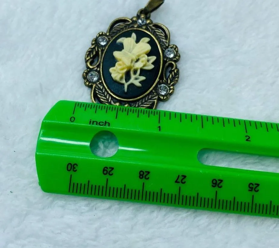 Cameo Pendant Butterfly on Flowers Antique Gold Color Metal Rhinestone Accents - Image 13